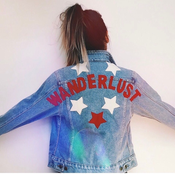 HIGH HEELS SUICIDE WANDERLUST Star Patch Embellished DENIM jean JACKET Sz S - Picture 15 of 16